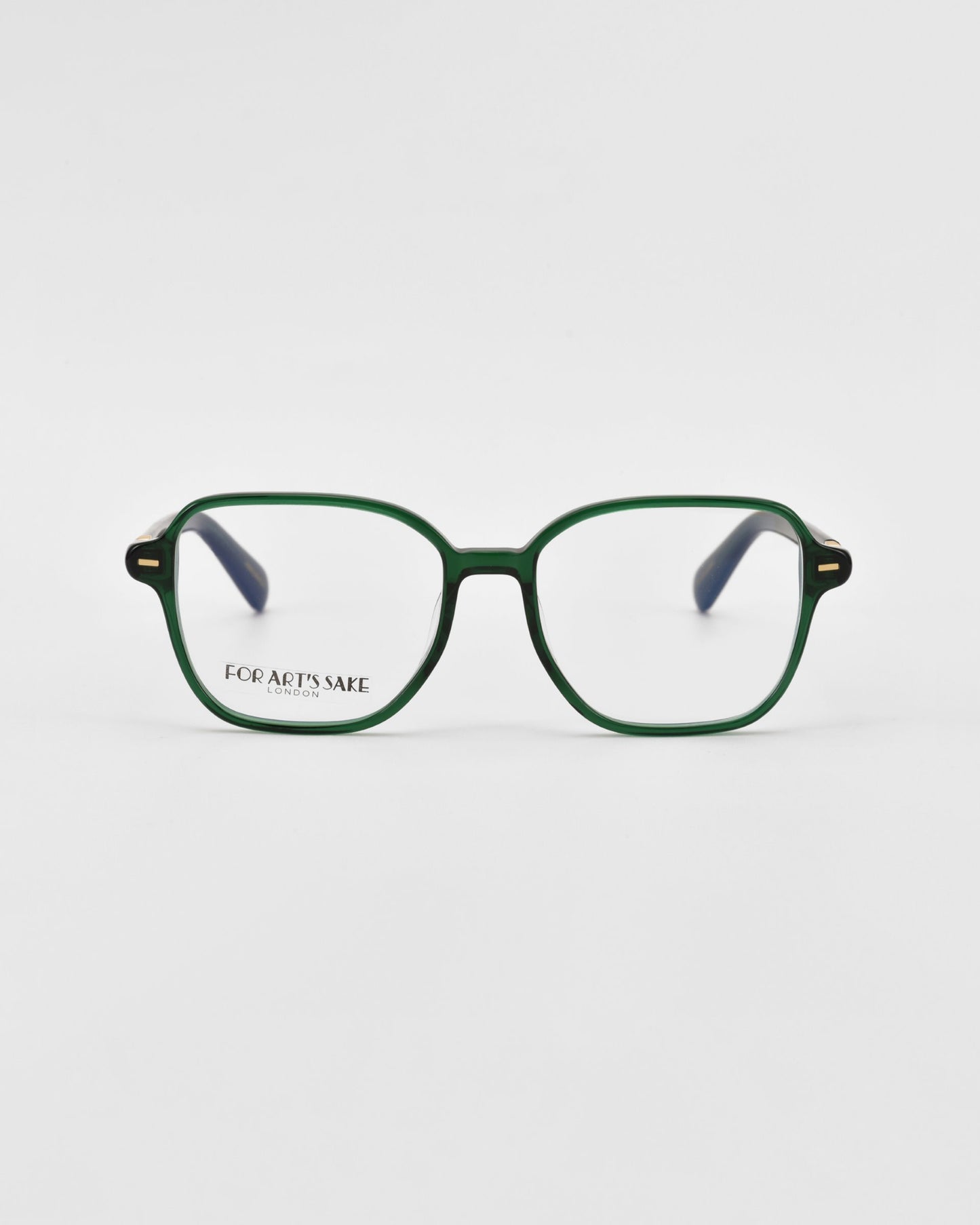 Green cat-eye optical glasses on a white background.