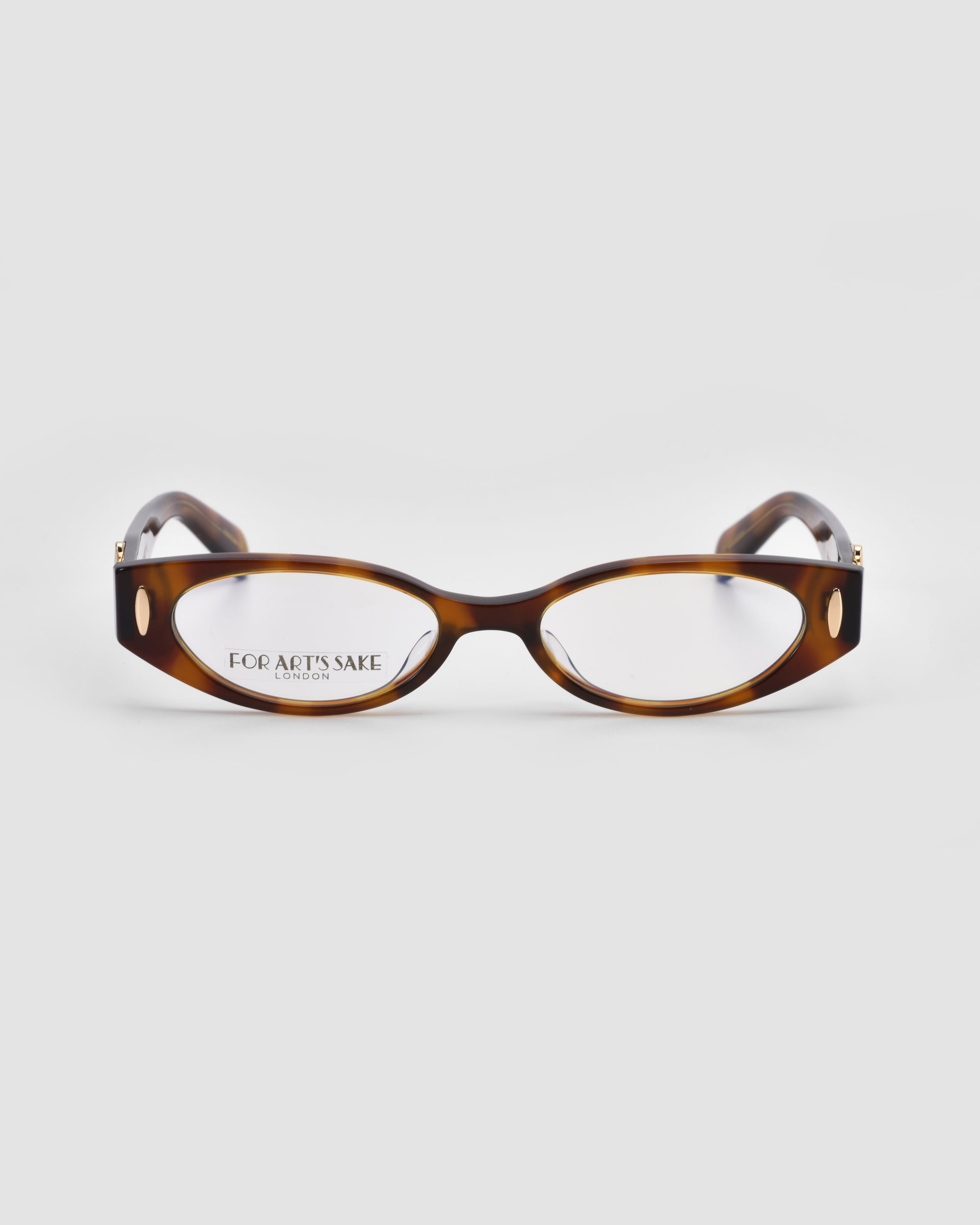 For Art's Sake® Cigar cat-eye optical frames feature tortoiseshell acetate, vintage thick oval lenses, and gold-accented temple arms, shown against a plain white background.