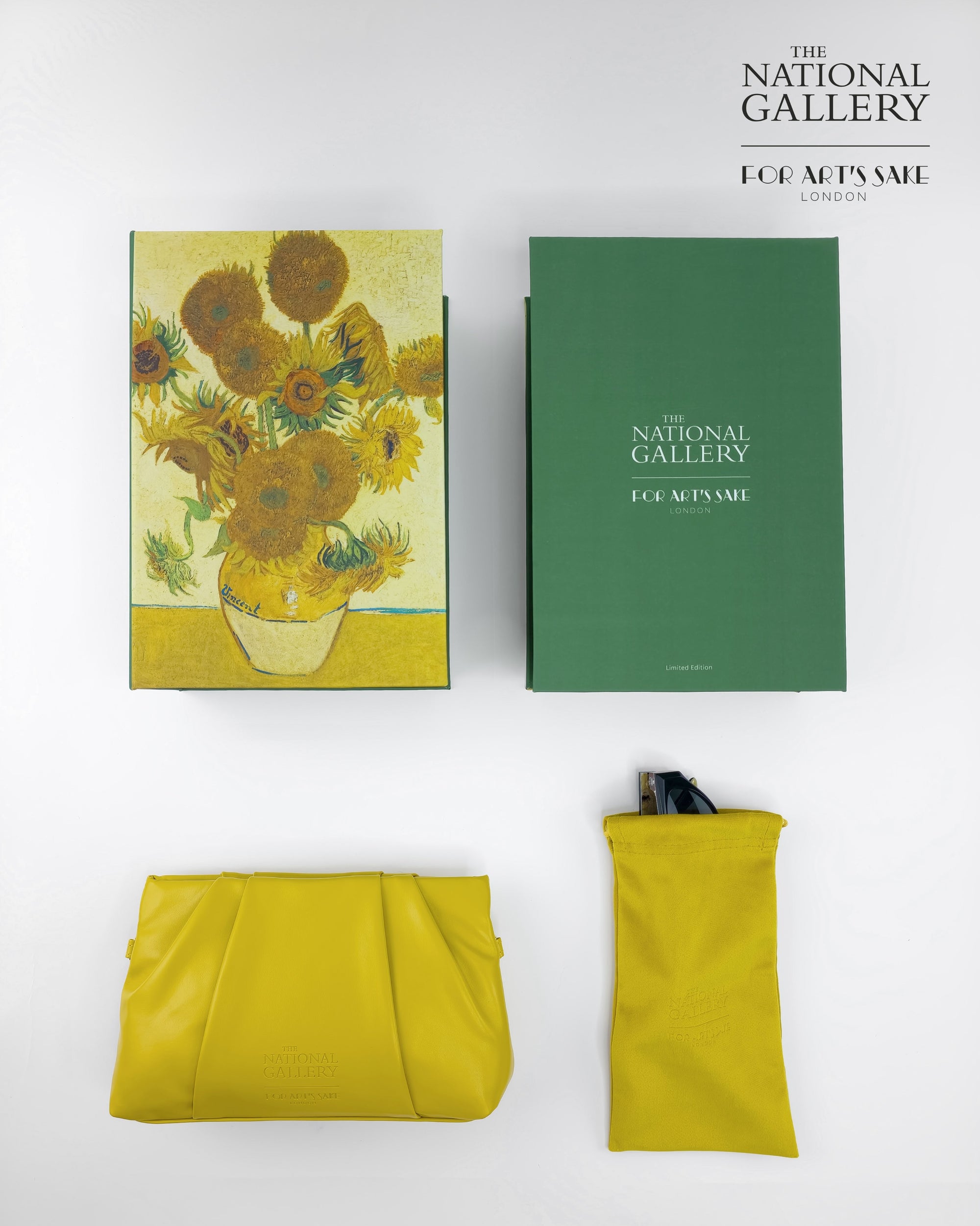 A flat lay shows the For Art’s Sake® Vincent Van Gogh (Limited Edition) sunglasses in a yellow pouch, with branded boxes and a yellow clutch, all against a white background featuring National Gallery branding.