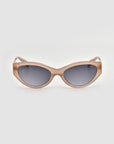 Unfold by For Art's Sake®: geometric cat-eye sunglasses with light brown frames and dark tinted lenses, shown on a plain white background.