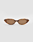 For Art's Sake® Slash cat-eye sunglasses feature a brown tortoiseshell frame and brown-tinted lenses, embodying modern style and shown against a light gray background.