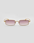 For Art's Sake® Lucio: rectangular gold-framed sculpted eyewear with pink gradient lenses, shown on a plain light gray background.