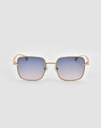 The For Art's Sake® Edge sunglasses feature gold rims, a rectangular shape, blue gradient lenses, and sculpted white temple tips, shown against a plain light gray background.