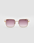 For Art's Sake® Edge sunglasses feature a square shape with gold metal frames and pink gradient lenses in a sleek rectangular silhouette, shown on a light grey background.