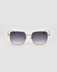 For Art's Sake® Edge sunglasses with a rectangular silhouette and gold metal frames, featuring dark gradient lenses, are displayed against a plain light gray background.