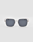 The For Art's Sake® Edge sunglasses feature a rectangular silhouette, dark lenses, thin silver metal frames, and curved white arms, shown against a plain light gray background.
