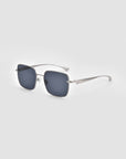 The For Art's Sake® Edge sunglasses feature a rectangular silhouette with dark lenses and slim silver metal frames, shown against a plain light gray background.
