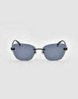 The Spark sunglasses by For Art's Sake® feature rimless rectangular dark blue lenses and thin black temples, shown against a plain light gray background.