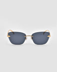 For Art's Sake® Spark sunglasses feature dark gray rectangular rimless lenses and slim gold arms, shown on a plain light gray background.