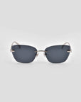 For Art’s Sake® Spark: futuristic rimless rectangular sunglasses featuring dark lenses and thin silver metal arms, shown against a plain light gray background.