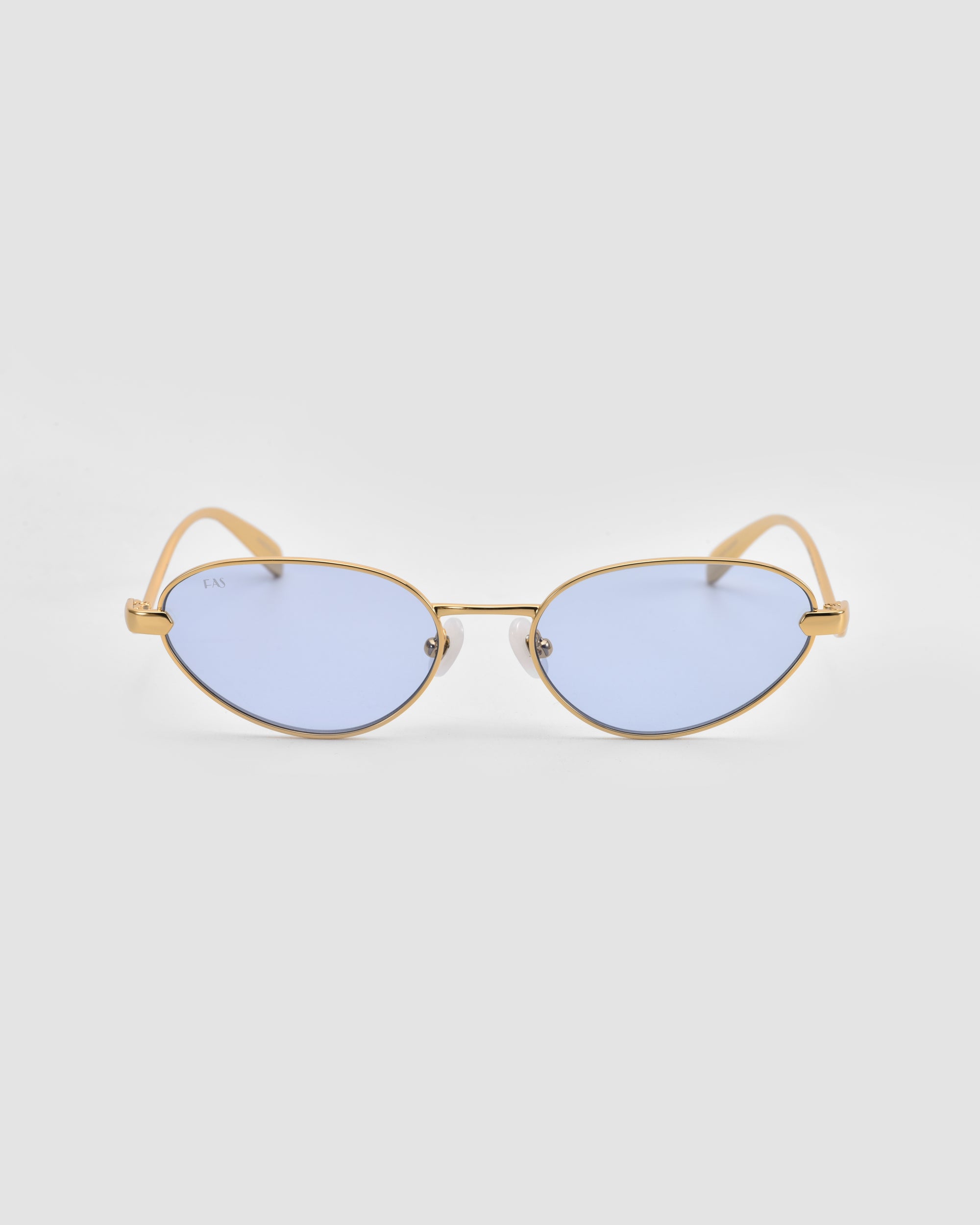 For Art's Sake® Rebirth sunglasses with a gold sculptural 3D frame and oval light blue-tinted lenses, shown facing forward on a plain light gray background.