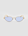 For Art's Sake® Rebirth sunglasses with a gold sculptural 3D frame and oval light blue-tinted lenses, shown facing forward on a plain light gray background.