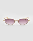 The Rebirth sunglasses by For Art's Sake® feature gold frames, oval gradient purple lenses, and a sculptural 3D design, shown facing forward against a plain light gray background.
