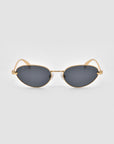 For Art's Sake® Rebirth sunglasses feature a sculptural 3D gold metal oval frame and dark tinted lenses, shown on a light grey background.