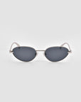 The Rebirth sunglasses by For Art's Sake® feature an oval shape, dark lenses, and a thin silver sculptural 3D metal frame, displayed facing forward on a plain light gray background.