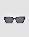The For Art's Sake® Incomplete sunglasses feature a black rectangular boxy design with thick frames and dark tinted lenses, shown facing forward on a light gray background.