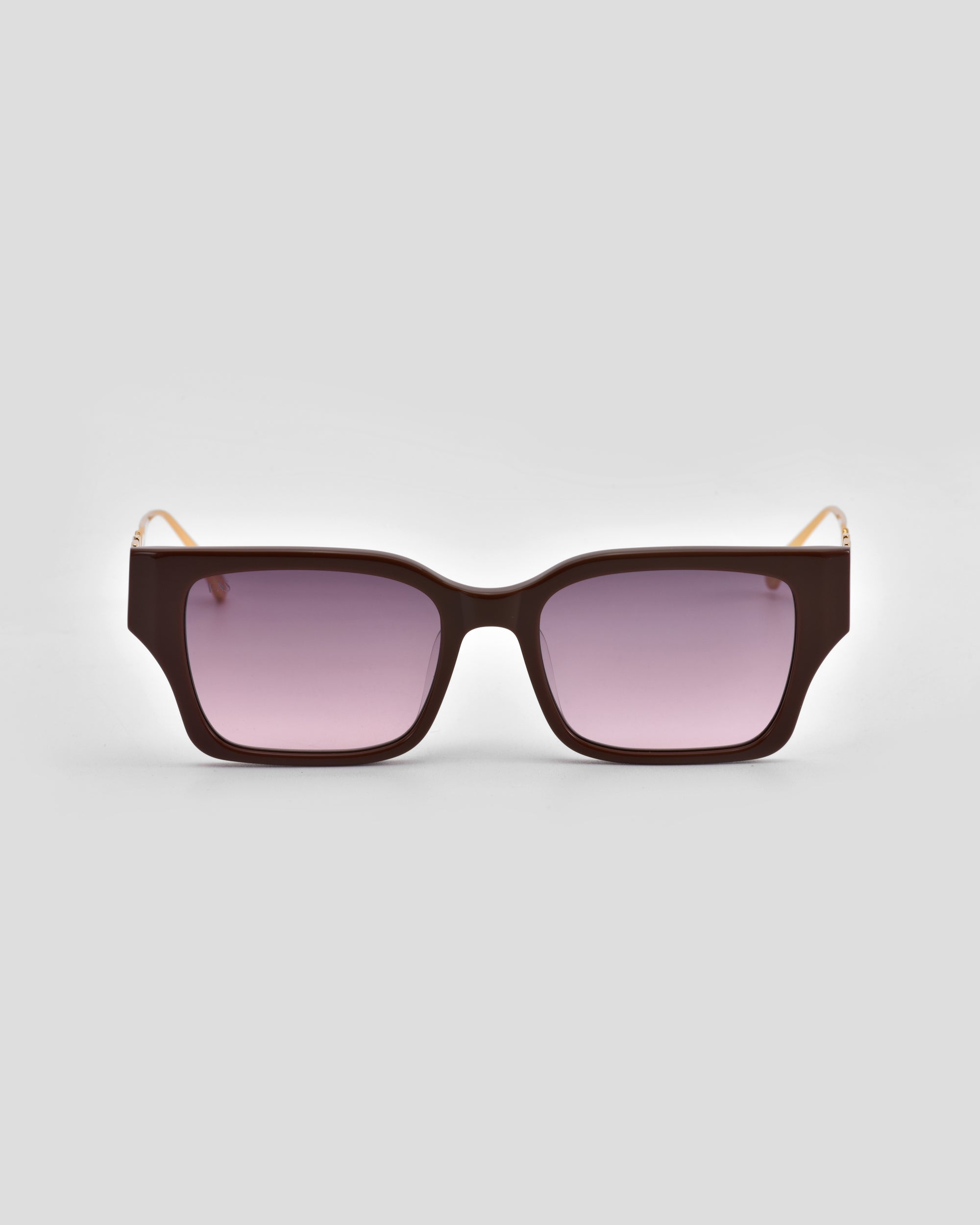 For Art's Sake® Incomplete boxy sunglasses shown on a light gray background, featuring dark brown frames and gradient purple-tinted lenses.