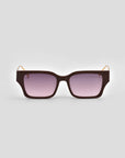 For Art's Sake® Incomplete boxy sunglasses shown on a light gray background, featuring dark brown frames and gradient purple-tinted lenses.