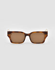 The Incomplete sunglasses by For Art's Sake® feature a mosaic metal design, rectangular tortoiseshell frames, and brown-tinted lenses. Shown from the front against a plain light gray background.