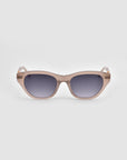 The Cuts cat-eye sunglasses by For Art's Sake® feature sculptural beige frames and dark gradient lenses, displayed front-facing against a plain light gray background.