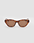 Front view of The Cuts oval tortoiseshell sunglasses by For Art’s Sake®, featuring brown-tinted lenses, displayed on a plain light gray background.