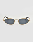 The For Art's Sake® Droplets sunglasses feature gold frames, dark rectangular lenses, and black temple arms—an eye-catching retro statement on a light gray background.