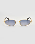 Droplets by For Art's Sake® feature gold metal frames, blue-tinted rectangular lenses, and black temple arms for a retro look, displayed on a light gray background.