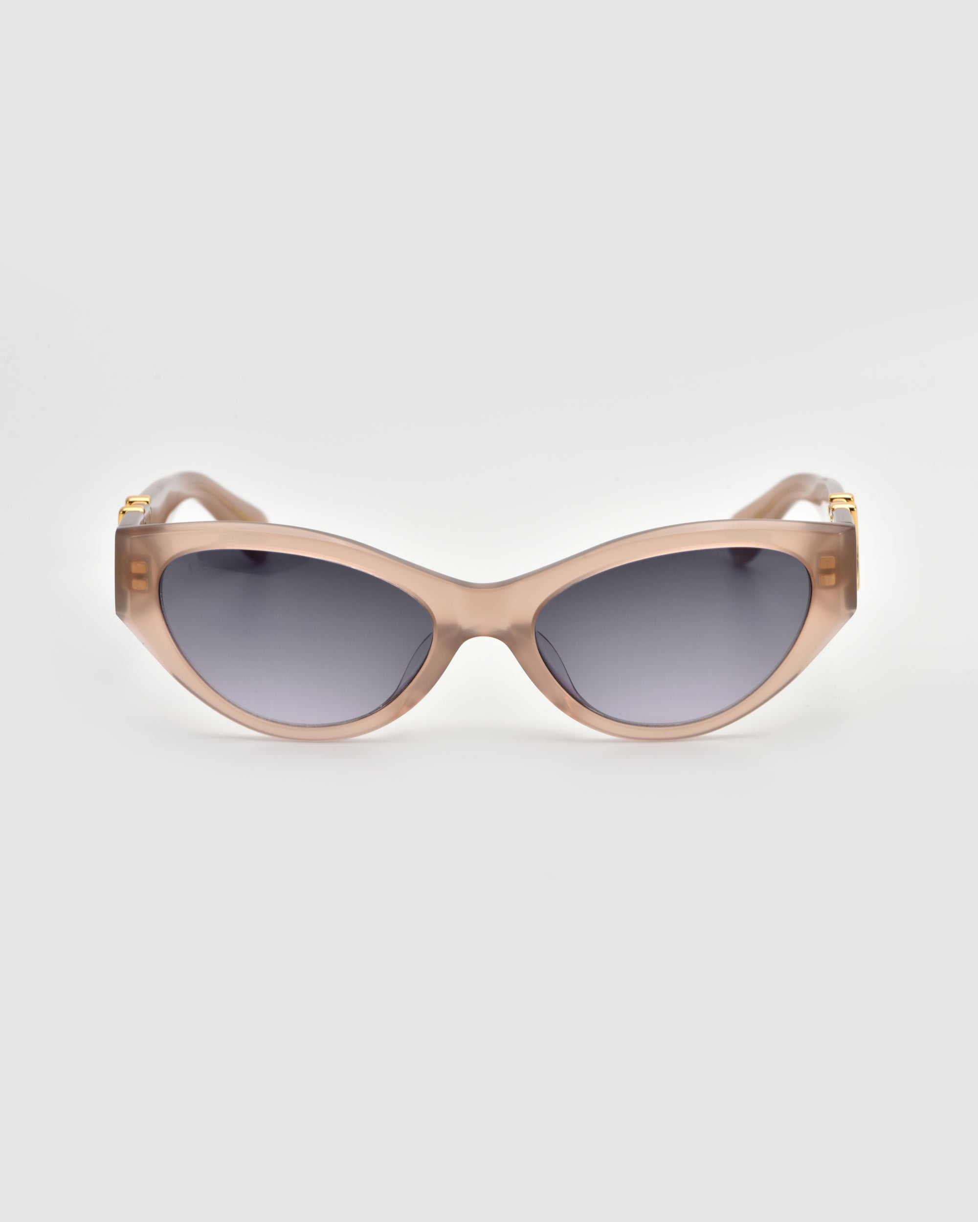 The For Art's Sake® Halo(S) cat-eye sunglasses feature light brown translucent sculptural acetate frames and dark tinted lenses, shown on a light gray background.