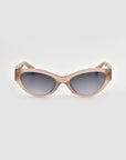 The For Art's Sake® Halo(S) cat-eye sunglasses feature light brown translucent sculptural acetate frames and dark tinted lenses, shown on a light gray background.