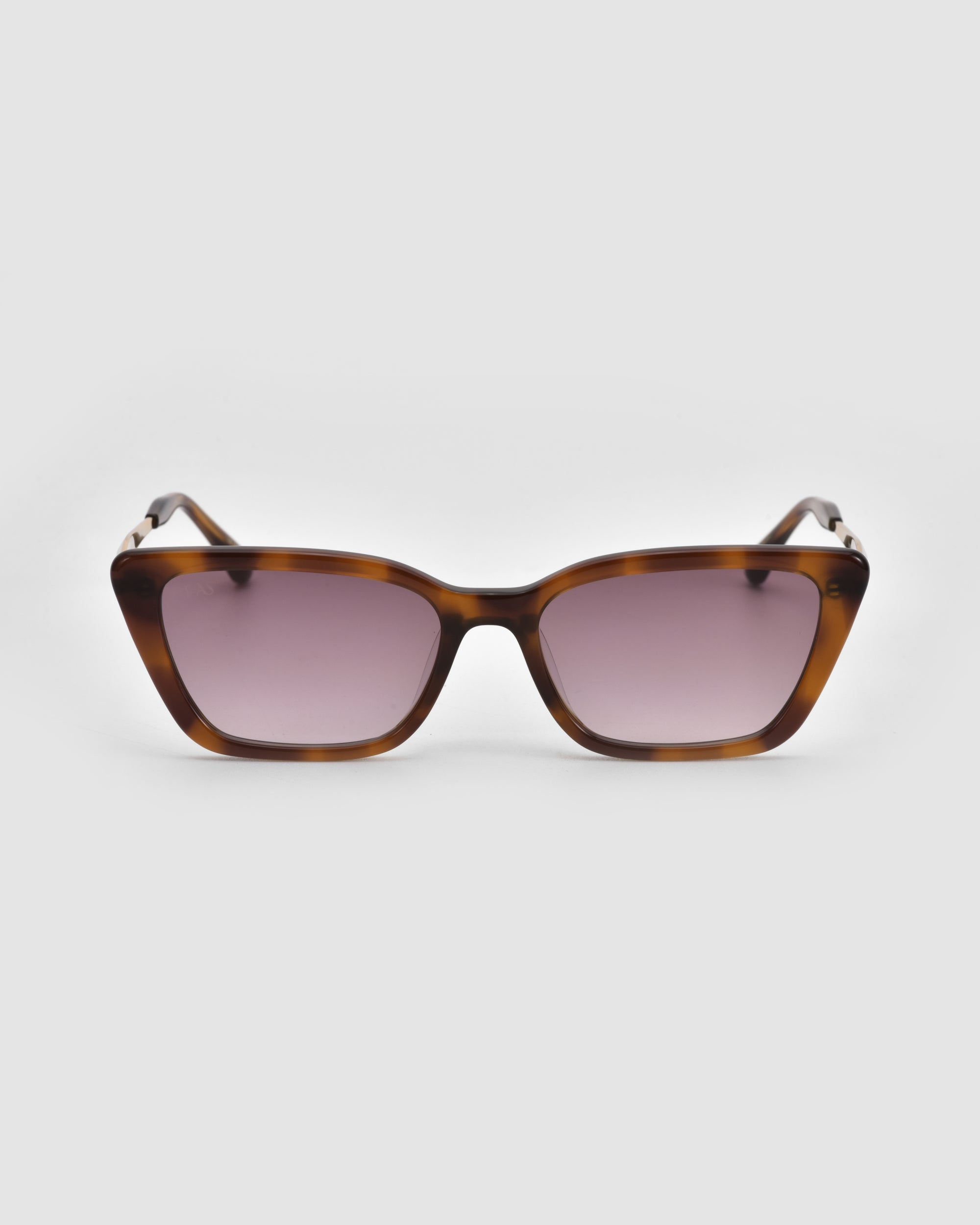 Harmony(S) by For Art's Sake®: brown tortoiseshell minimal sunglasses with rectangular frames and pink-tinted lenses, shown on a plain light gray background.