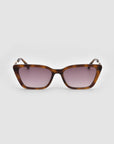 Harmony(S) by For Art's Sake®: brown tortoiseshell minimal sunglasses with rectangular frames and pink-tinted lenses, shown on a plain light gray background.