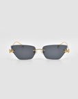 For Art's Sake® Florist sunglasses with dark rectangular lenses, gold frames, and gold floral accents on the corners, shown on a plain light gray background.