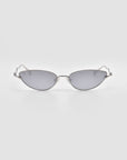For Art's Sake® Lake sunglasses feature silver cat-eye frames, sculpted temples, and grey tinted lenses. Shown face-forward on a plain light grey background.
