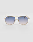 For Art's Sake® Lines oversized aviator sunglasses with gold frames, blue gradient lenses, and sculpted temples are shown on a plain light gray background.