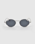 For Art's Sake® Leaf II eyewear features silver frames and oval dark tinted lenses, showcased against a plain light gray background.