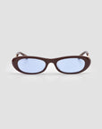 For Art's Sake® Abstraction I: brown oval statement sunglasses with light blue tinted lenses, shown on a plain light gray background.