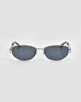 For Art's Sake® Abstraction II sunglasses with dark oval lenses and a slim silver metal frame, shown against a plain light gray background.