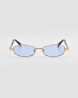 For Art's Sake® Mesa I sunglasses feature a rectangular silhouette, thin gold frames, blue-tinted lenses, and black arms. Shown on a light gray background, they bring effortless sophistication and quiet luxury to any outfit.