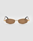 Mesa I sunglasses by For Art's Sake® feature gold metal rectangular frames, brown tinted lenses, and slightly curved black temples, showcased on a plain light gray background for a sculptural look.