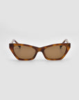 The Mesa II sunglasses by For Art's Sake® feature brown tortoiseshell cat-eye acetate frames and light brown tinted lenses, shown on a white background—ideal for those seeking timeless luxury eyewear.