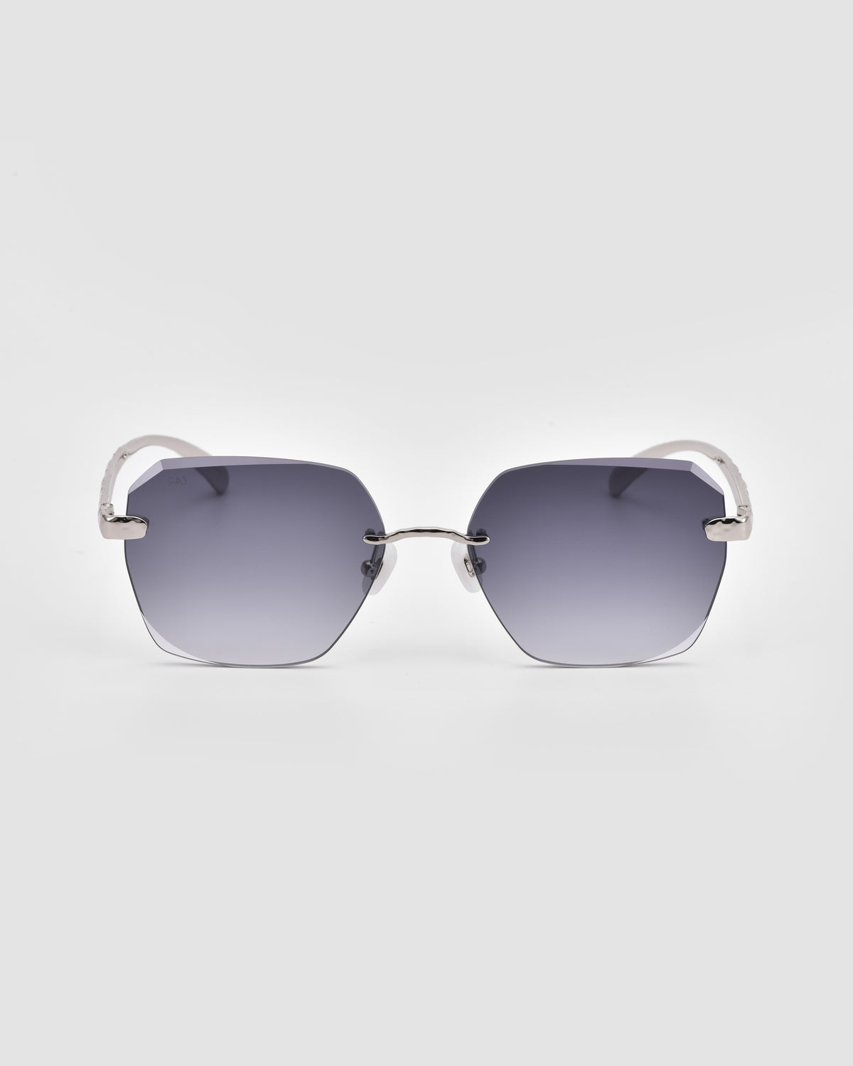 For Art’s Sake® Shimmer II square, rimless sunglasses with gradient dark gray lenses and silver, jewelry-inspired temples, shown front-facing against a light gray background.