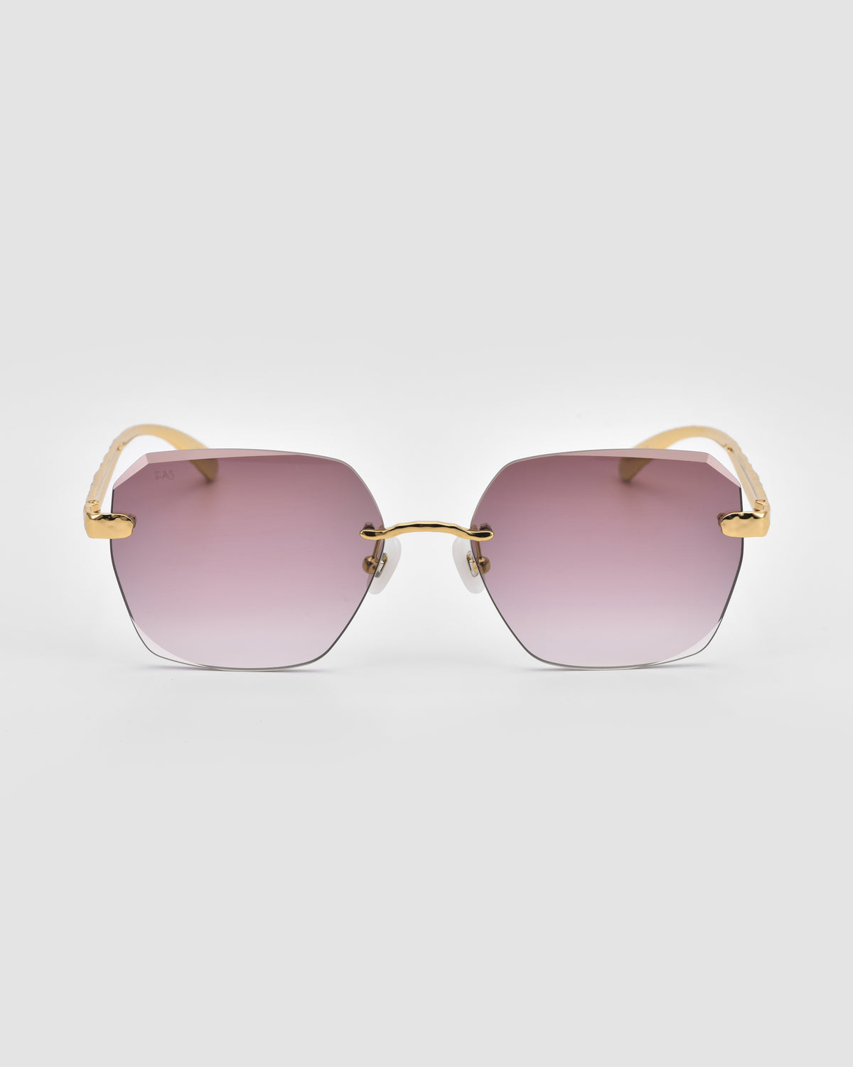 For Art’s Sake® Shimmer II gold-rimmed, square sunglasses with gradient purple lenses and jewellery-inspired temples, displayed facing forward on a plain light gray background.