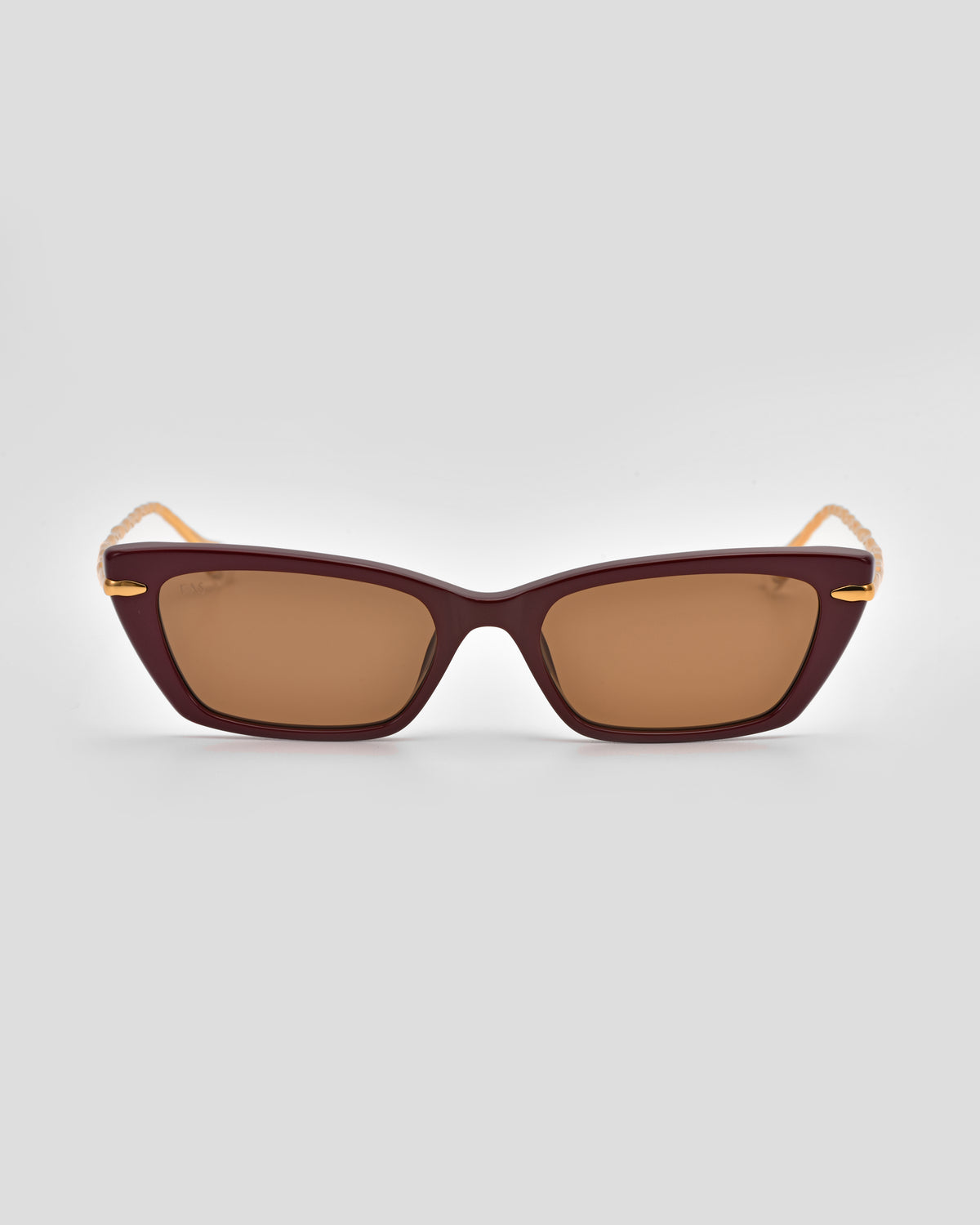 Brown rectangular Sol II sunglasses by For Art’s Sake®, featuring dark tinted lenses and gold temple accents from the Sol State collection, shown against a light grey background.