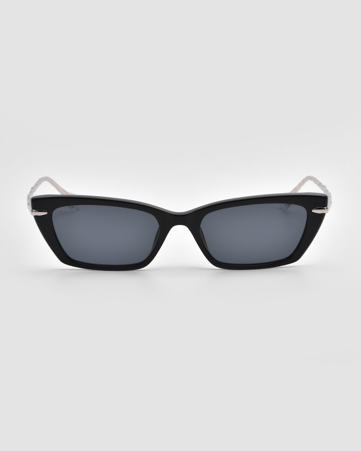For Art’s Sake® Sol II sunglasses in black with dark lenses, shown facing forward on a light gray background for a clear view of the rectangular frame and lenses from the Sol State collection.