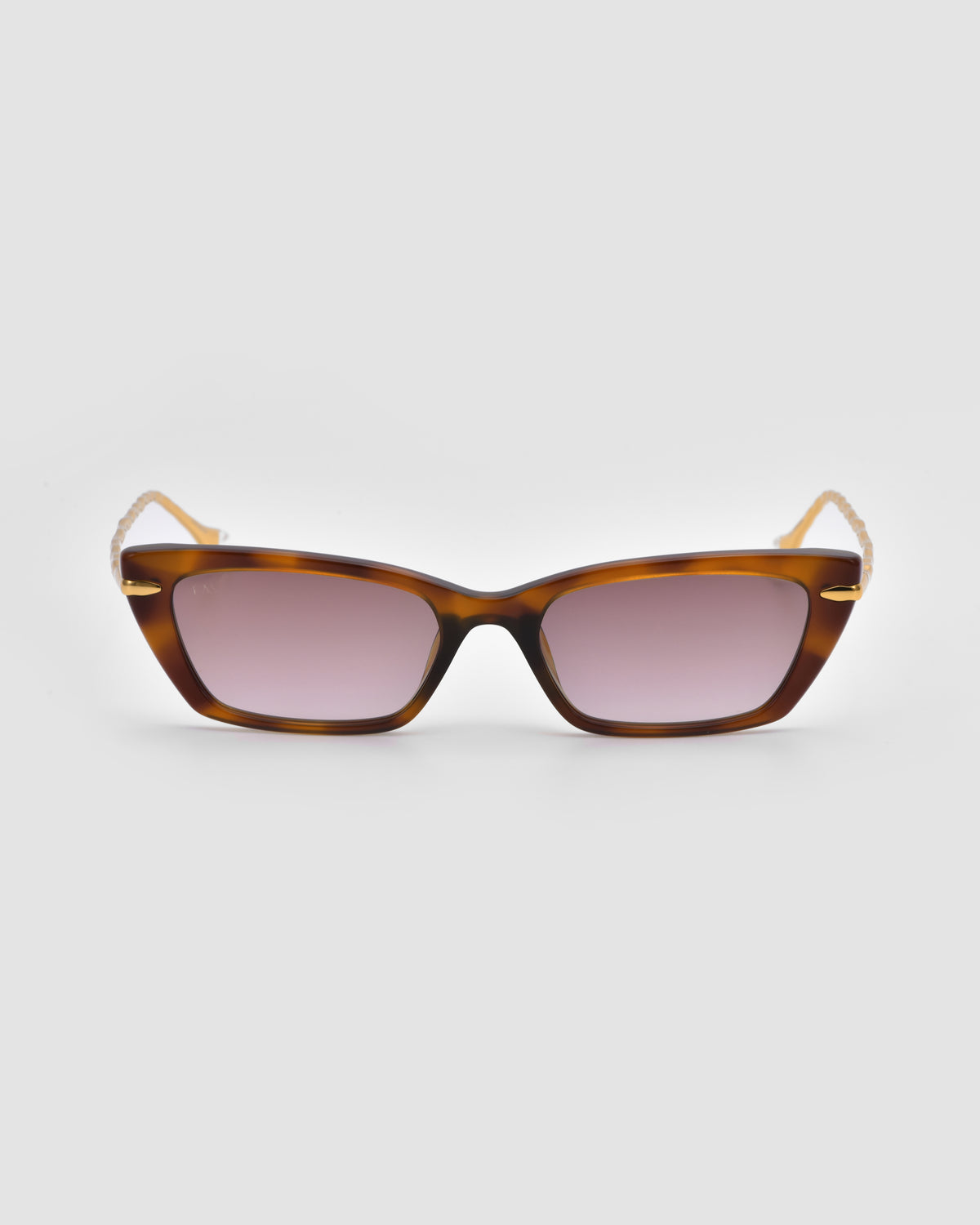 Sol II by For Art’s Sake®: brown rectangular sunglasses with pink Translucent Jewel lenses and gold arms, shown on a plain light gray background.