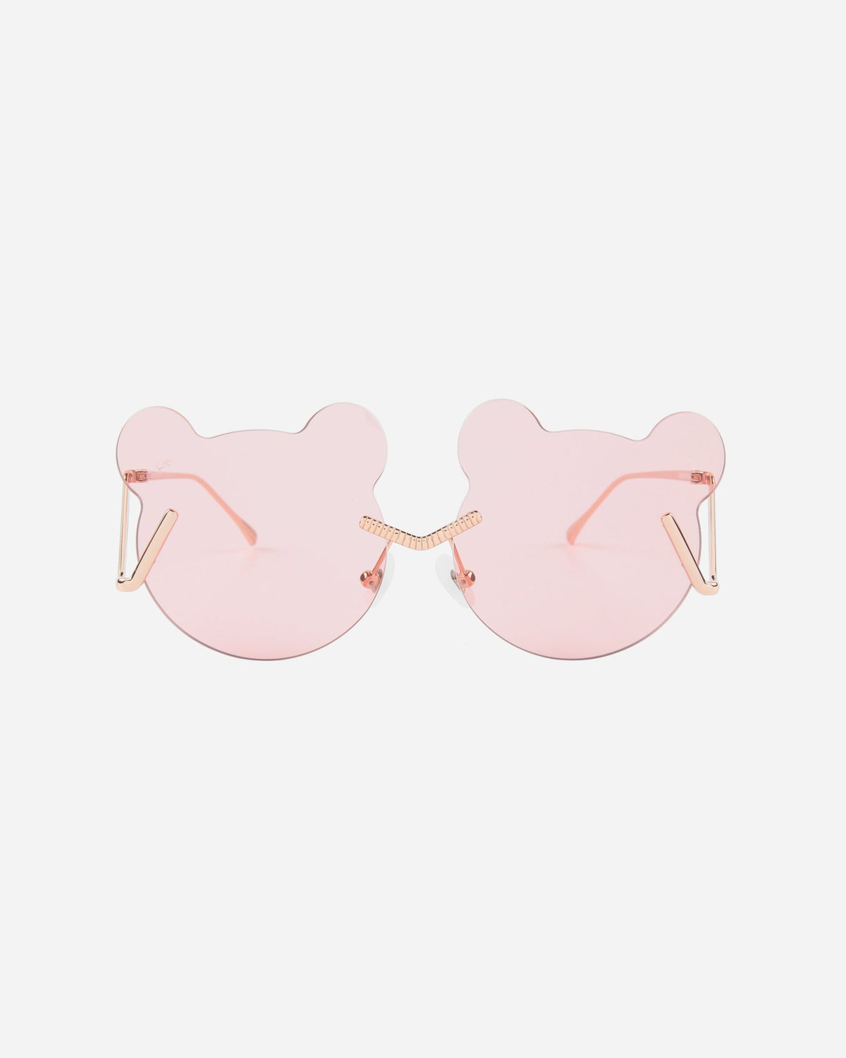 For Art's Sake® Teddy sunglasses with bear-shaped lenses, UV protection, and gold-colored arms made from stainless steel frames against a white background.