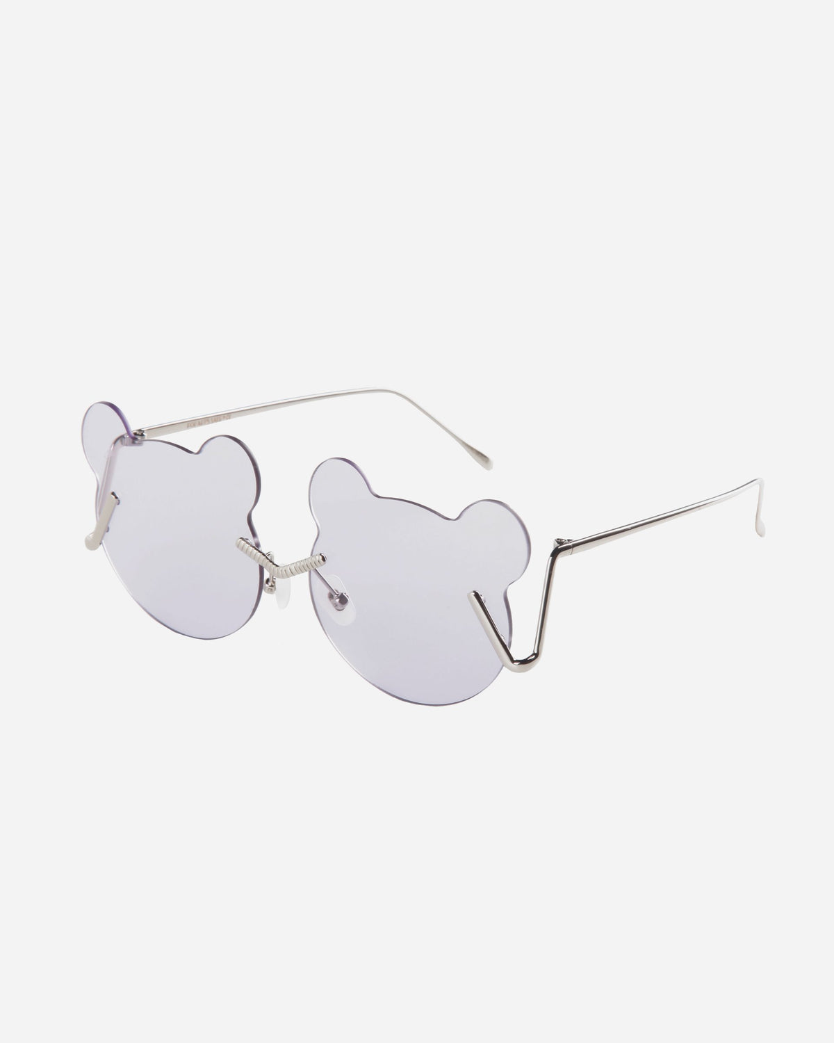 A pair of For Art's Sake® Teddy sunglasses with lenses shaped like bear heads. The lenses offer UV protection and are lightly tinted purple. The frames, made of thin, stainless steel metal, feature adjustable nosepads for comfort. The side arms of the glasses are straight with a slight curve at the ends. The background is plain white.