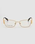 The Origami by For Art's Sake® are rectangular gold-rimmed eyeglasses with clear lenses, black temple tips, and a soft-square silhouette. "FOR ART'S SAKE LONDON" is printed on the left lens. Displayed on a white background.