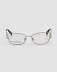 Rectangular silver metal Origami eyeglasses by For Art's Sake®, with clear lenses, black temple tips, and a soft-square silhouette. Shown upright on a white background; the left lens reads "FOR ART'S SAKE LONDON.
