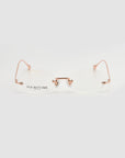A pair of lightweight, rimless Waver eyeglass frames by For Art's Sake®, featuring rose gold metal arms and bridge, displayed on a white background. The left lens shows the "For Art's Sake" branding in small text.